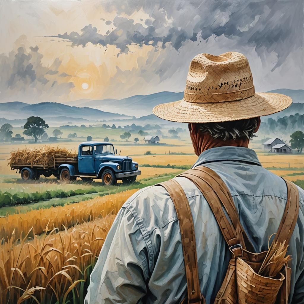 Farmer in Misty Countryside: Abstract Acrylic Art