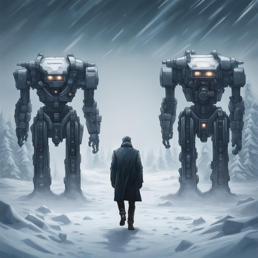 Duality of man, walking alone in a mech winther wonderland
