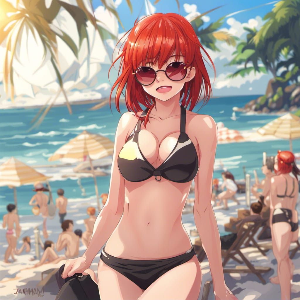 Red-Haired Girl on the Beach in Anime Style