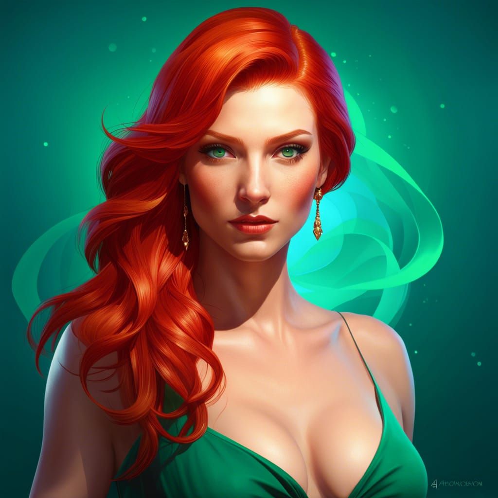 Redhead Green Eyes Portrait in Art Nouveau Style