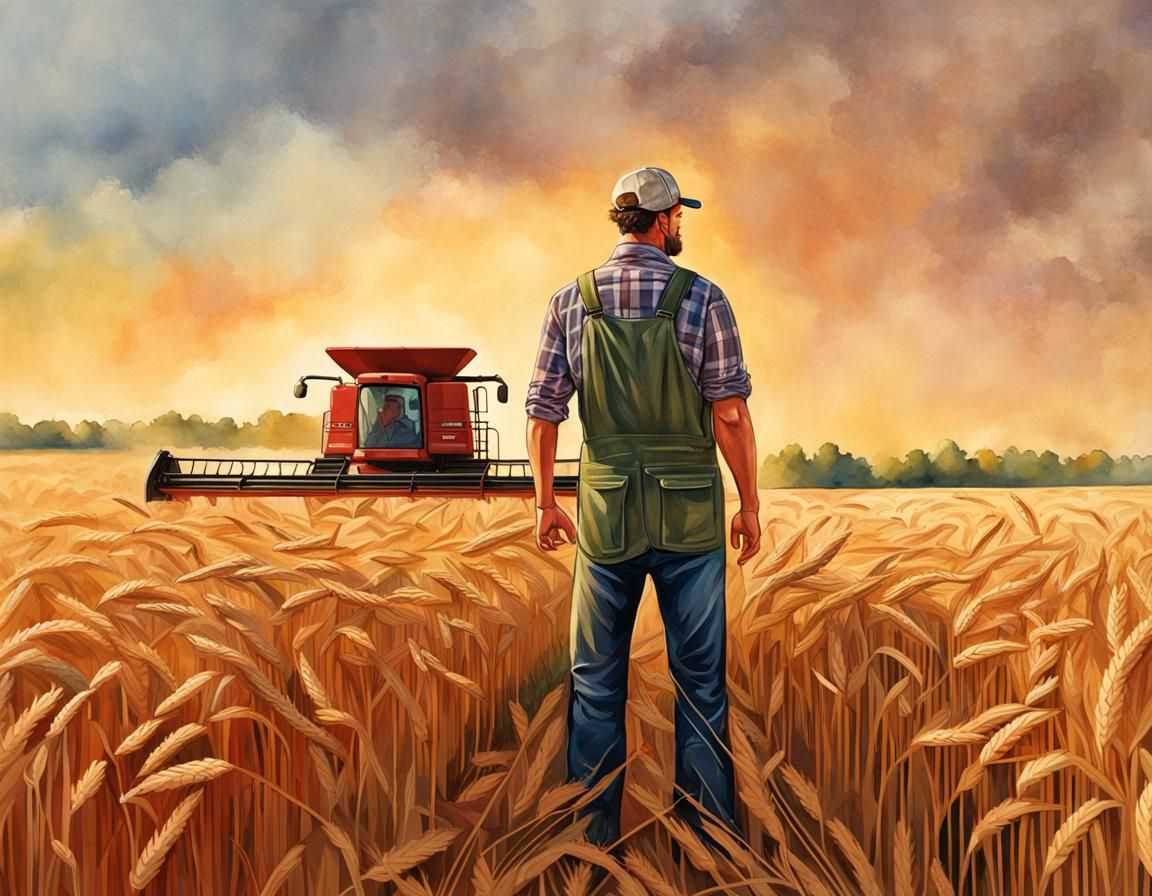 Watercolor Farmer Harvesting Wheat with John Deere