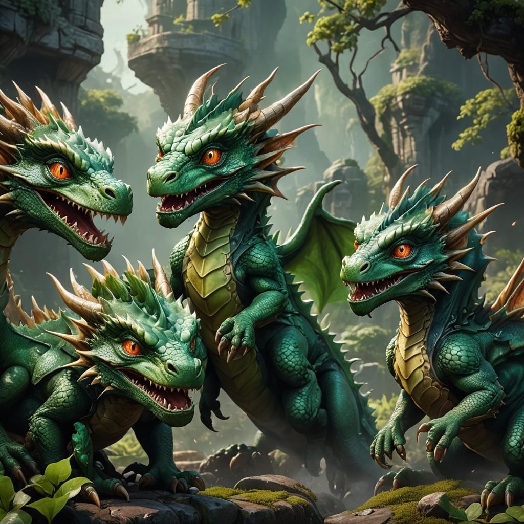 Three-Headed Green Dragon: Fantasy Concept Art