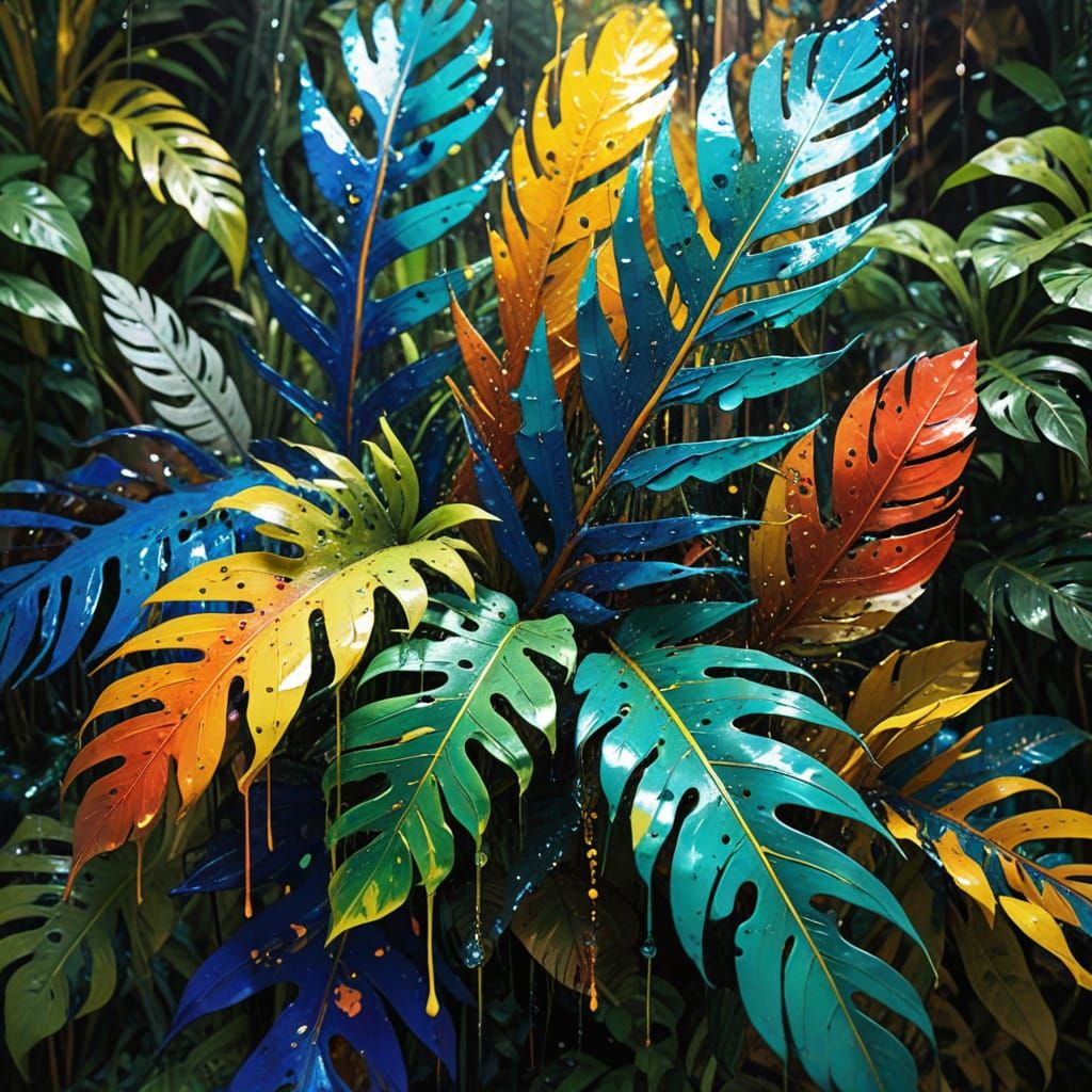 Vibrant Abstract Expressionism of Tropical Rainforest