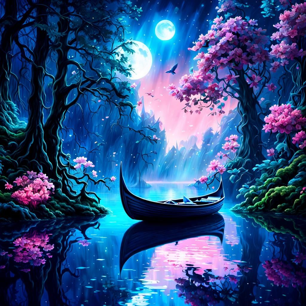 Bioluminescent Elven Lake in Moonlight