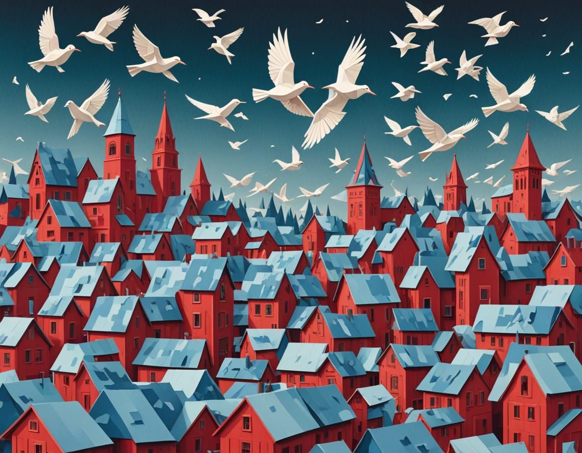Surreal Origami Doves in Escher-Inspired Woodcut Textures