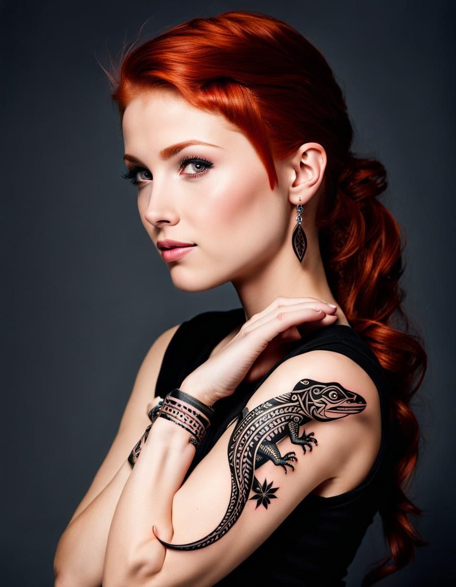 Redhead Teenager with Tribal Lizard Tattoo
