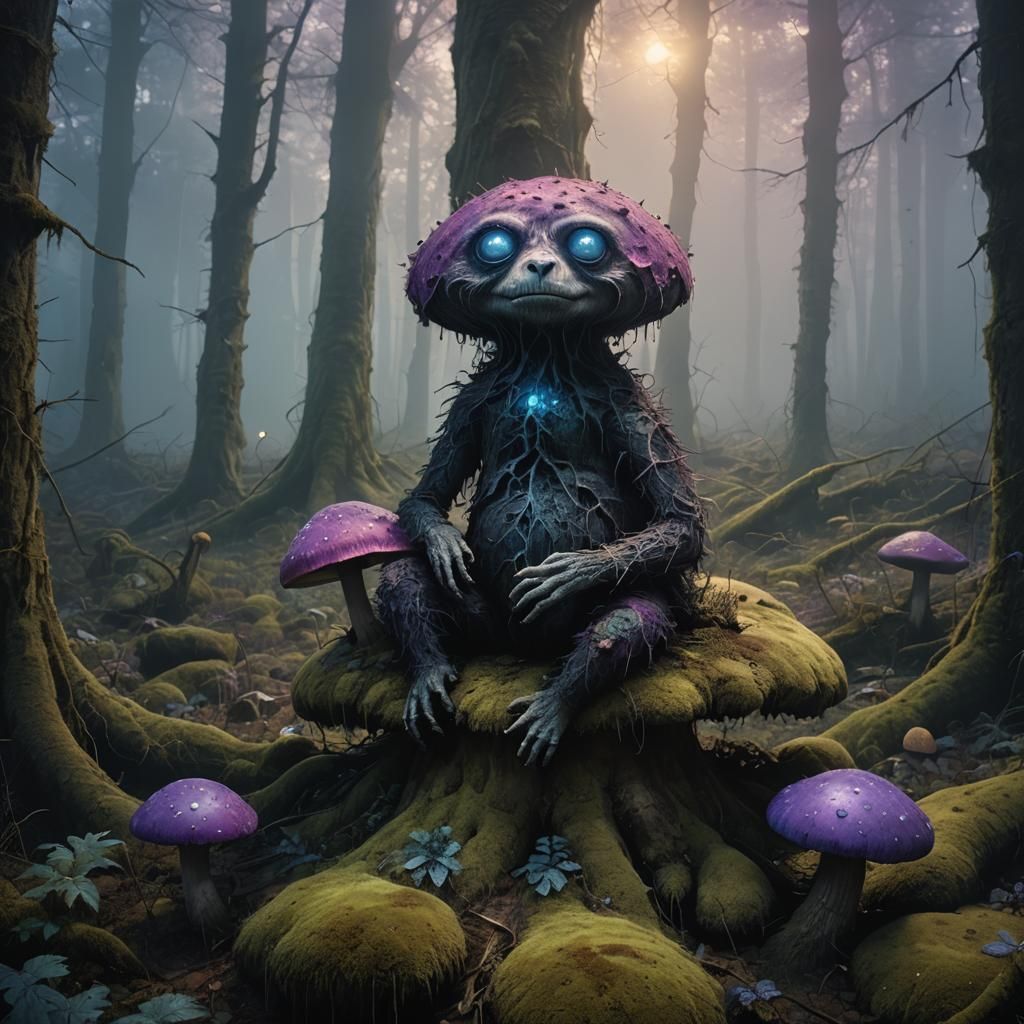 Eerie Teddy Monster in Misty Forest, Dark Fantasy Art