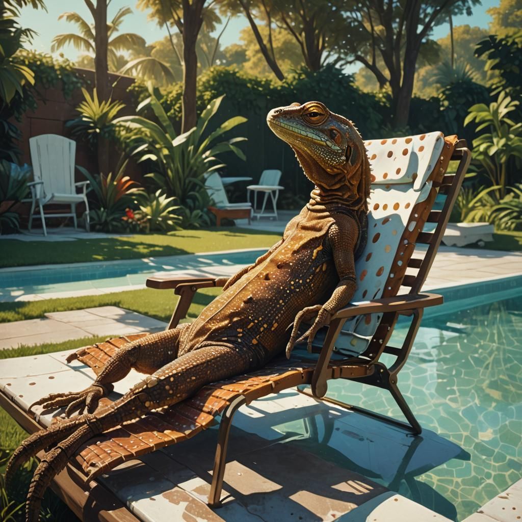 Lizard Lounging Poolside in a Sci-Fi Style