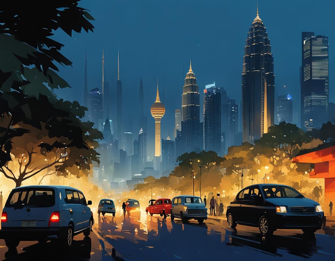 Kuala Lumpur at Dusk, Cartoon Style Illustration