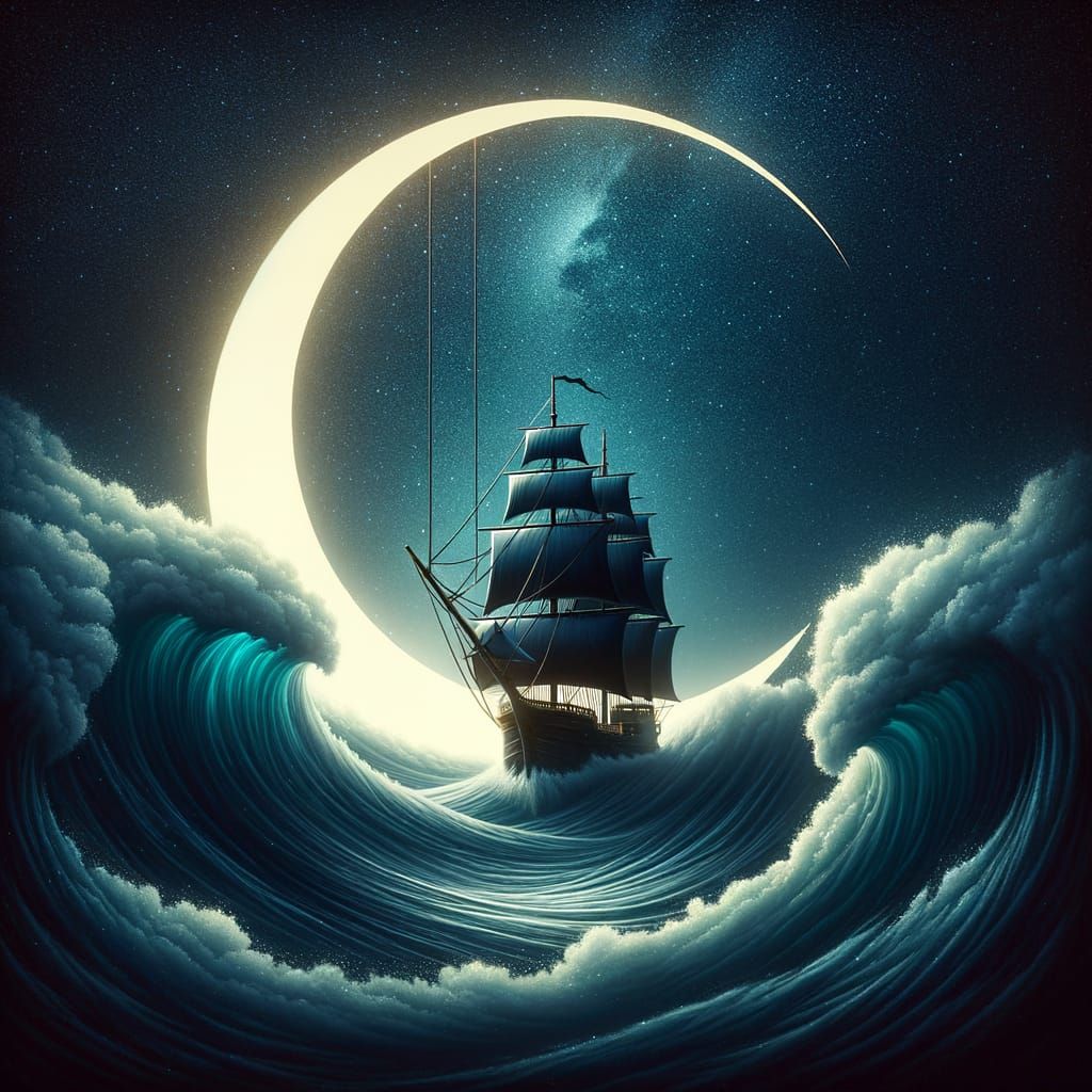 Majestic Ship Sailing on a Crescent Moon Wave