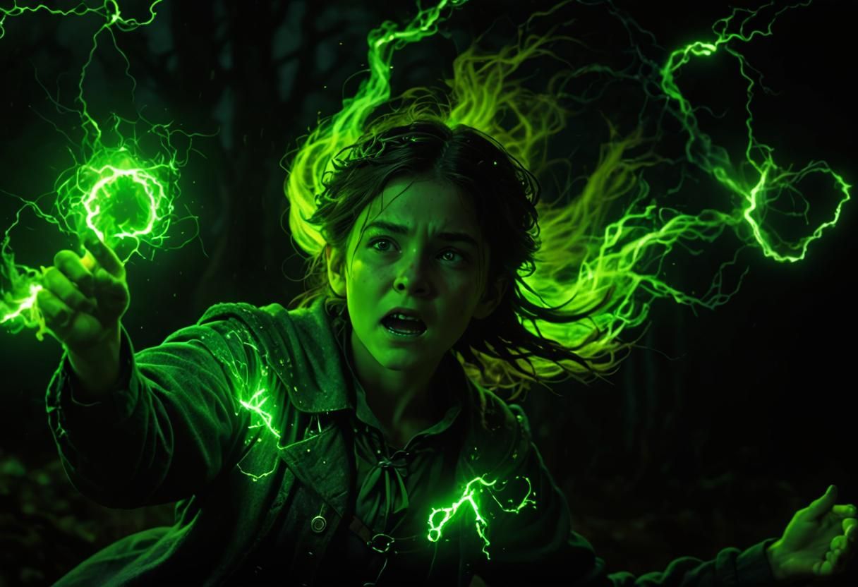 Furious Young Witch Expelling Lightning in Cinematic Art