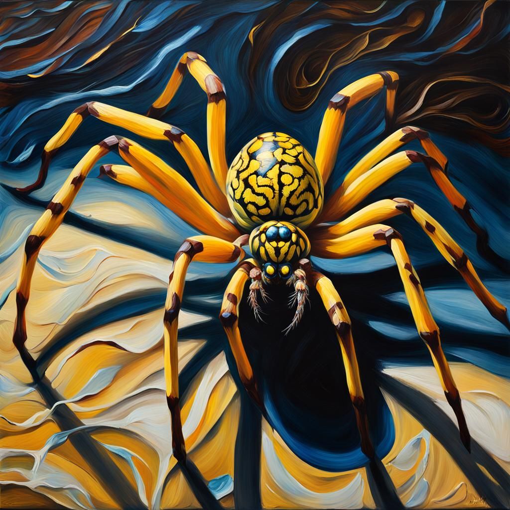 Surreal Banana Spider with Swirling Patterns in Impasto Oil...