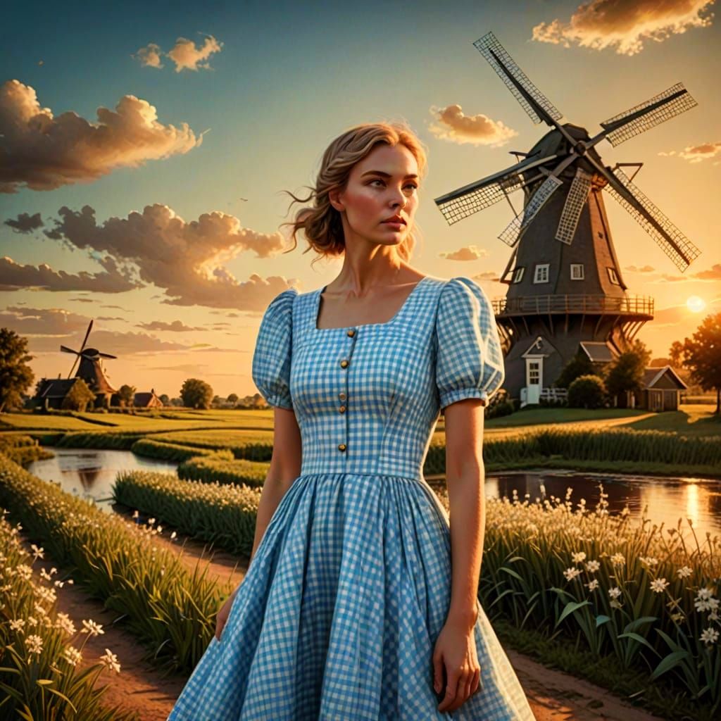Dutch Summer in Vibrant Gingham: A Fantastical Windmill Scen...