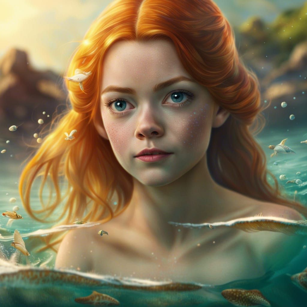 Ginger Mermaid in Ocean: Photorealistic Disney Princess
