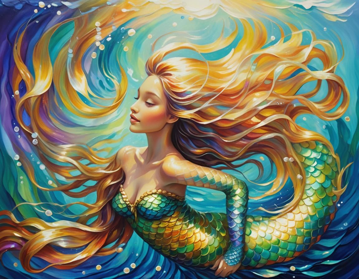 Iridescent Mermaid in Vibrant Oil Painting