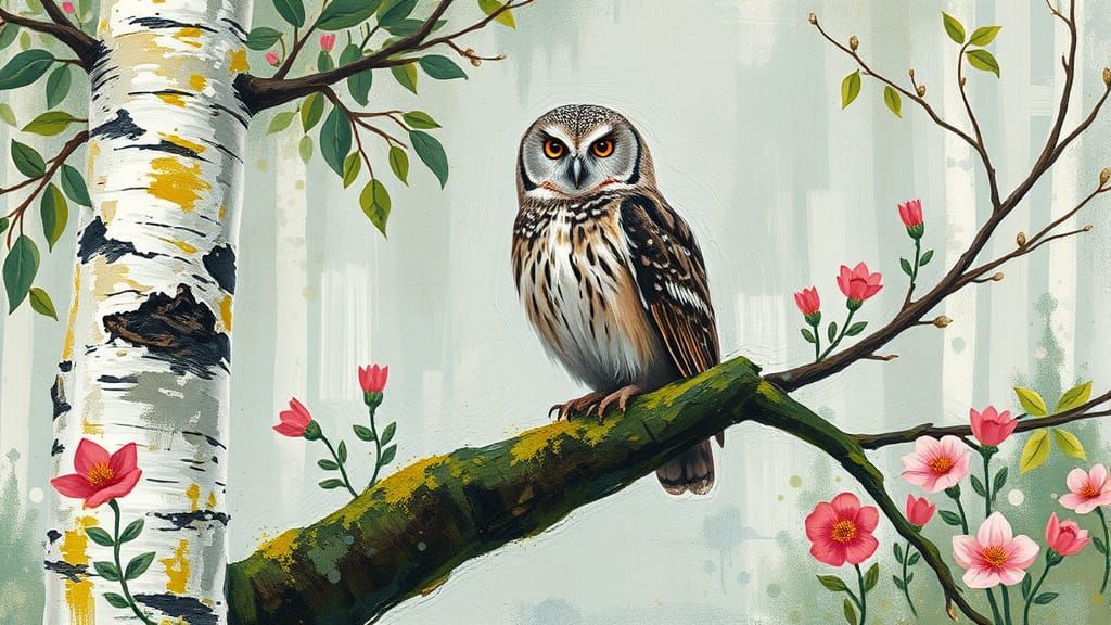 Vibrant Spring Forest with Owl in Impasto Brushstrokes