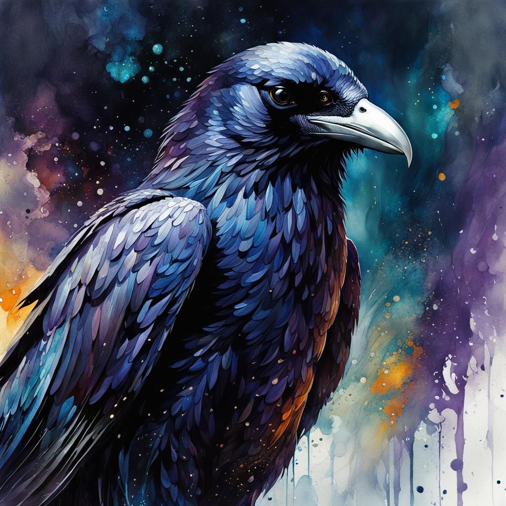 Intricate Raven in Digital Watercolor Style