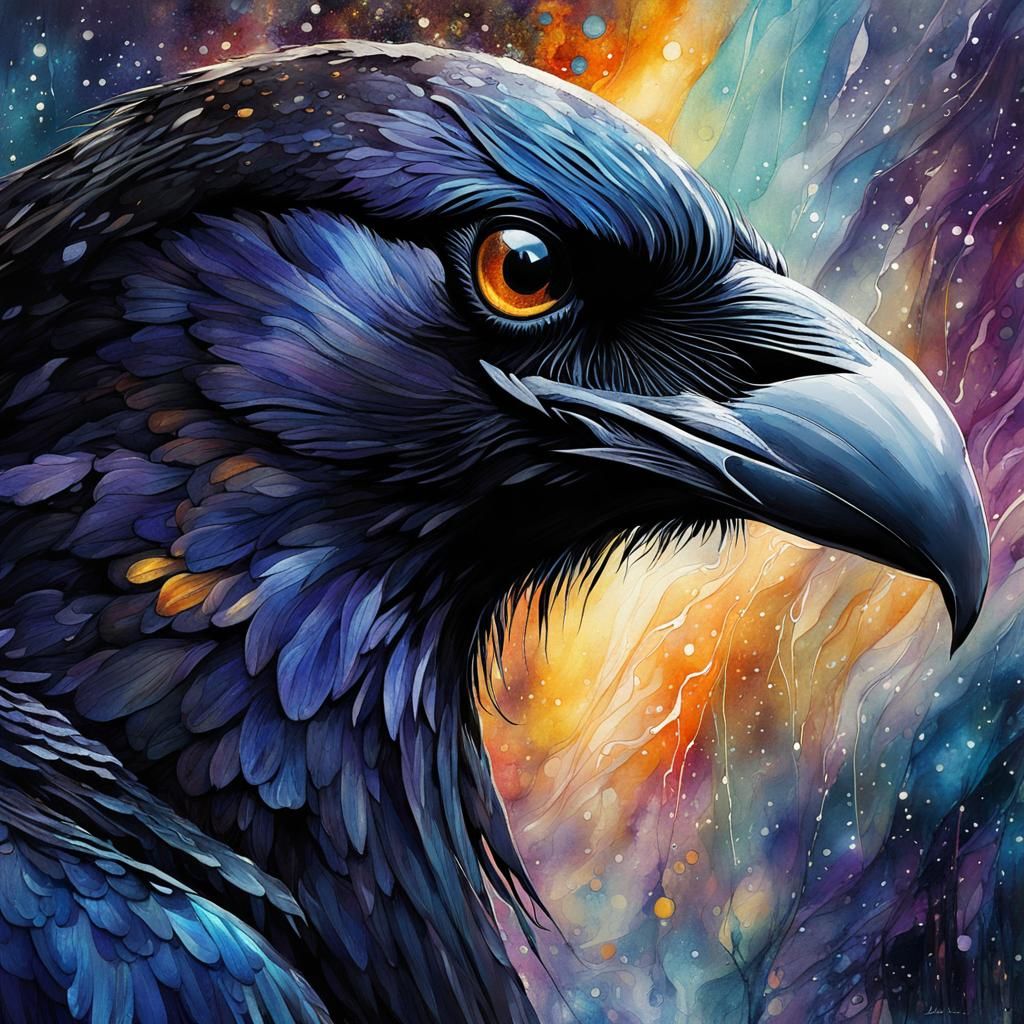 Intricate Raven: A Digital Watercolor Masterpiece