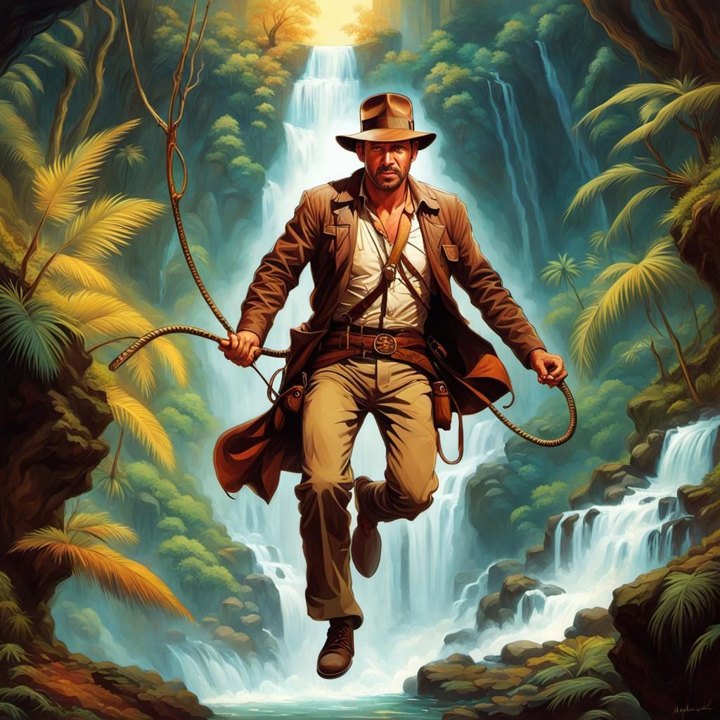 Indiana Jones Swings Over Volcanic Ravine: Digital Art