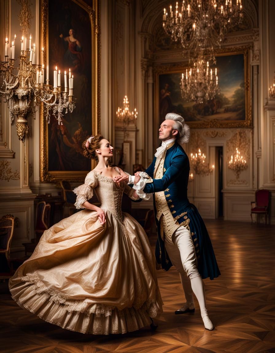 Elegant 18th Century Couple Dancing in Ballroom