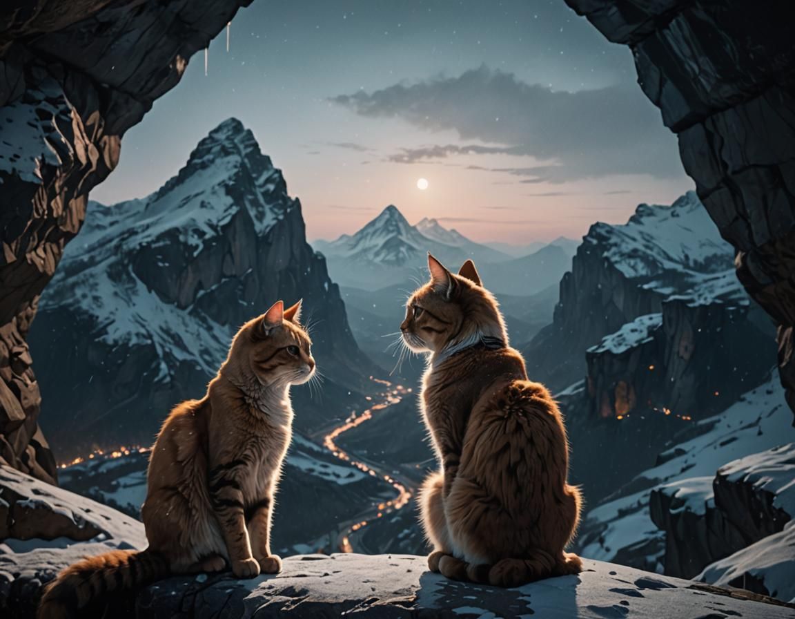 Night Mountain View with Cats: Film Photography