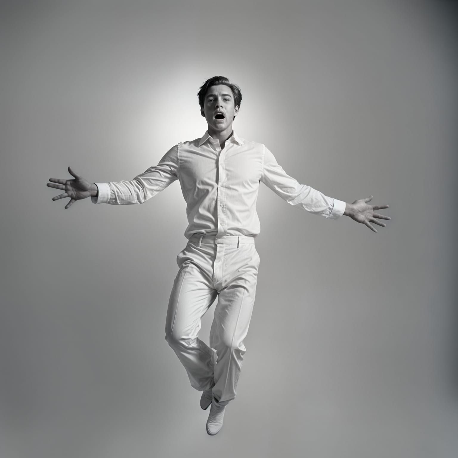 Man Floats in White Void: Cinematic Film Still