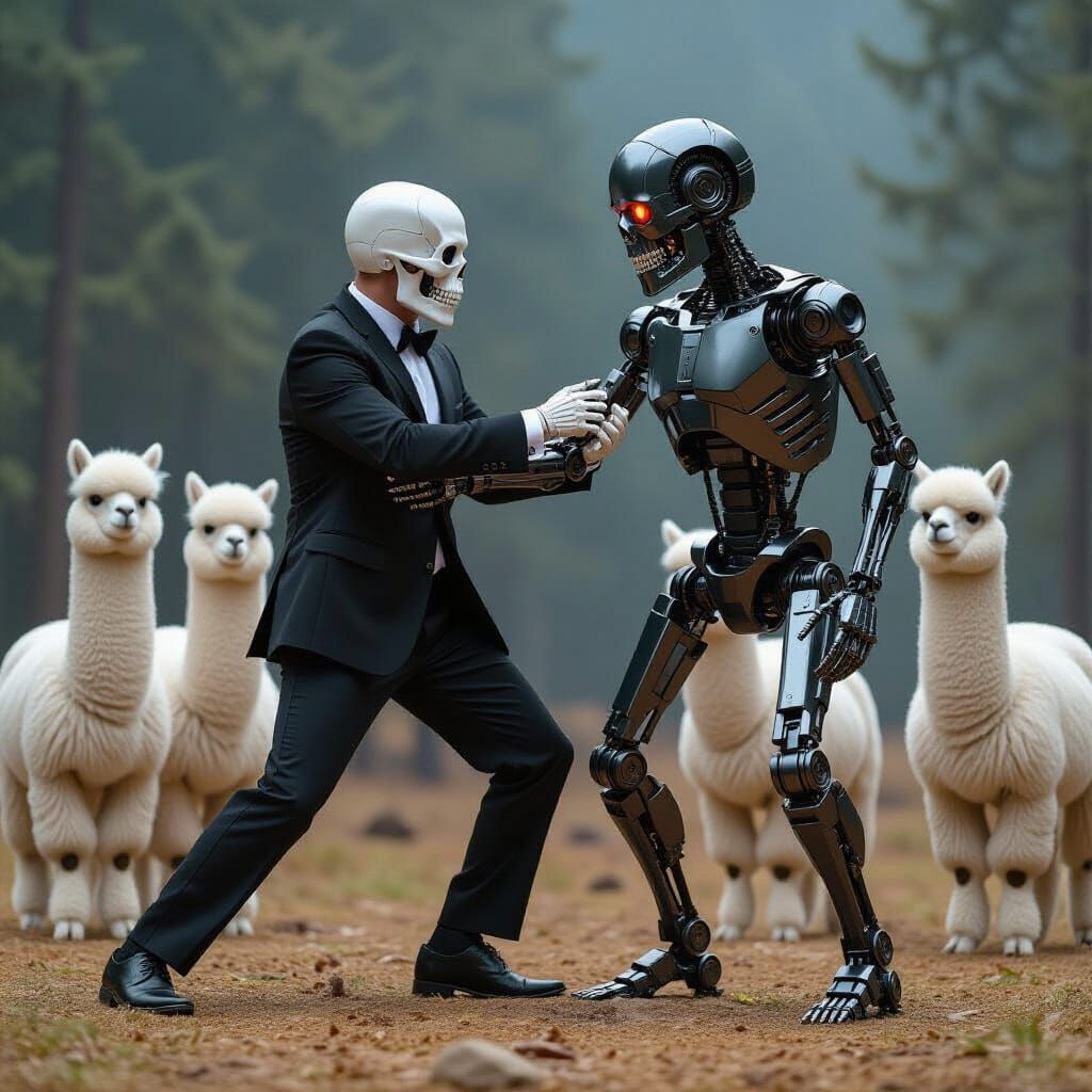 Skeleton vs Robot with Alpacas, in Dark Fantasy Style