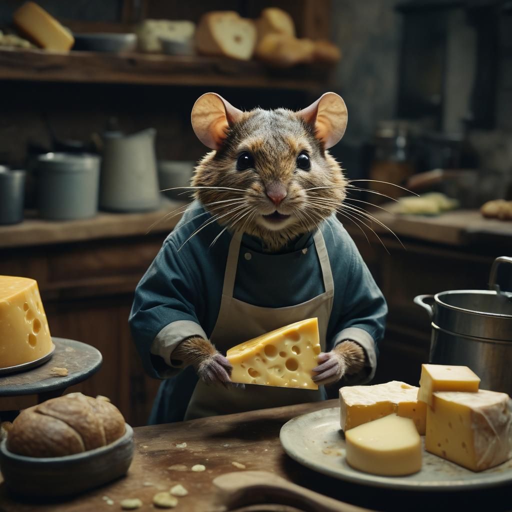 Mouse Carving Cheese Cat, Cinematic Film Still