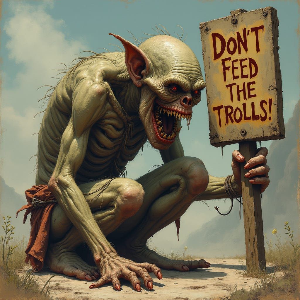 Emaciated Troll Gripping Sign in Desolate Wasteland