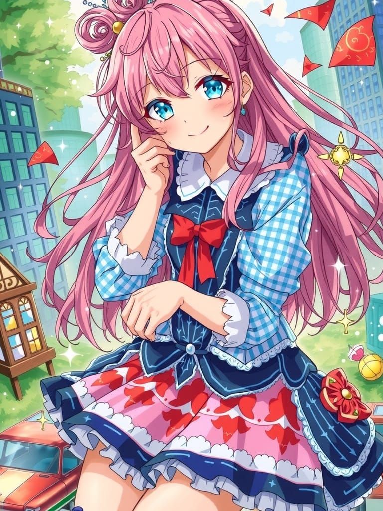 Spirited Magical Girl in Pastel Cityscape with Classic Anime...