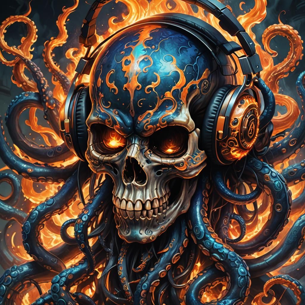 Flaming Skull Octopus with Headphones: Fantasy Art