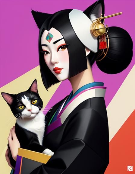 Geisha with Cat in Cubist Art Deco Style