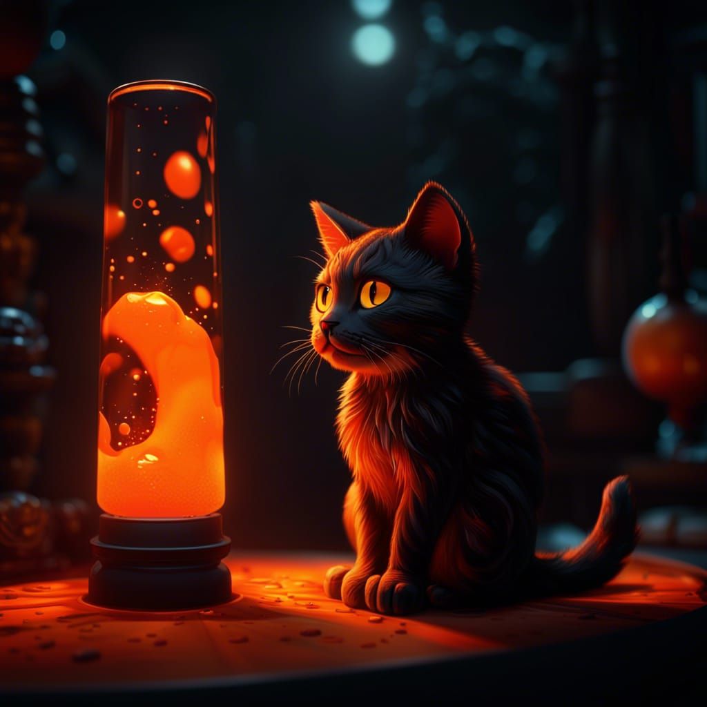 A little cat looks at a orange-black lava lamp