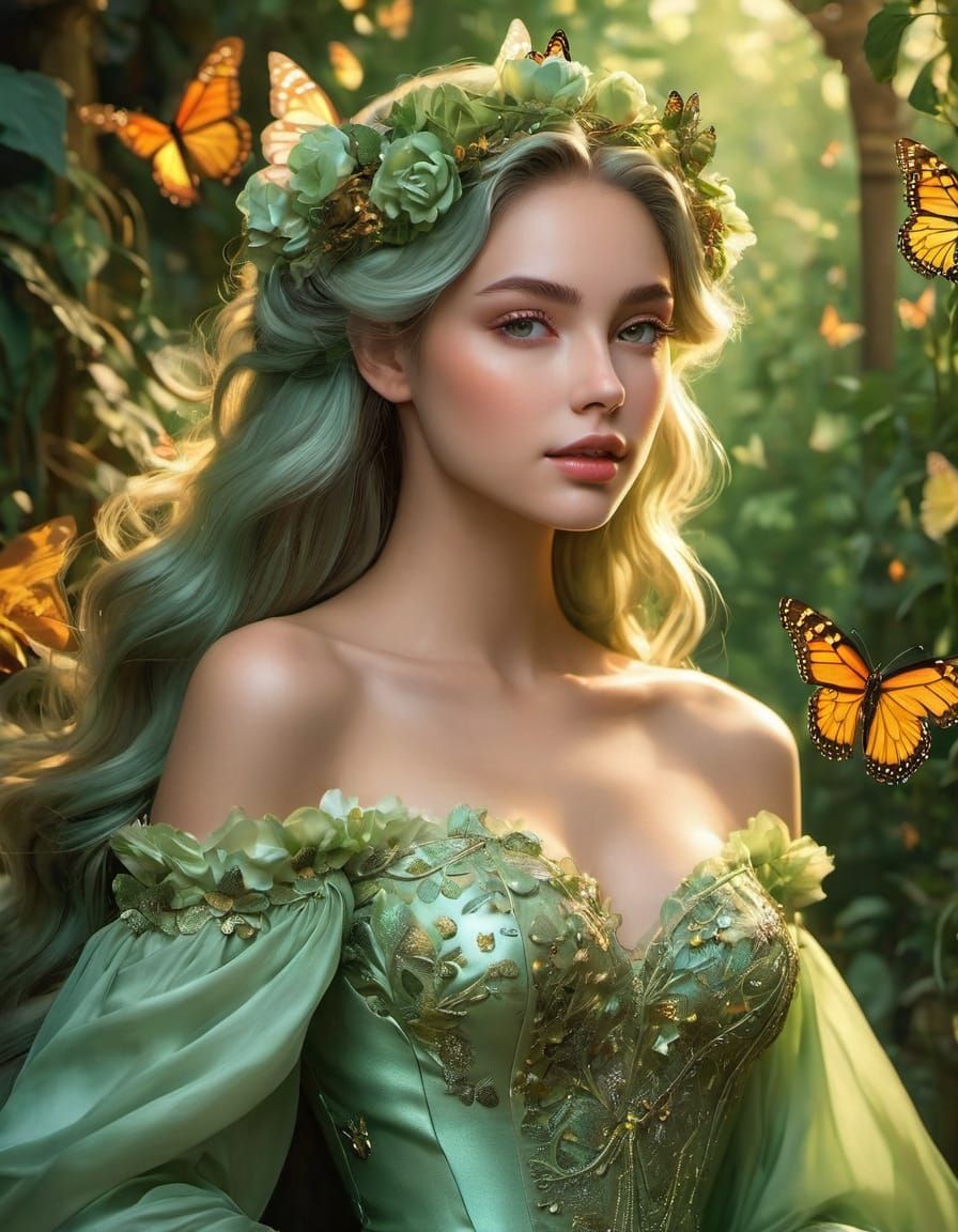 Beautiful Woman with Butterflies in Fantasy Art Style