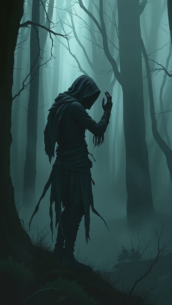 Mystical Forest: Figure Grasping at Shadows
