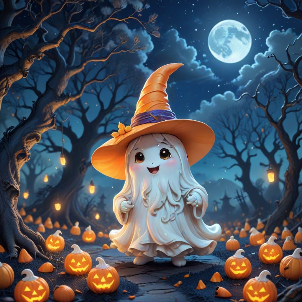 Charming Chibi Ghost in Witch Hat on Candy Corn Path