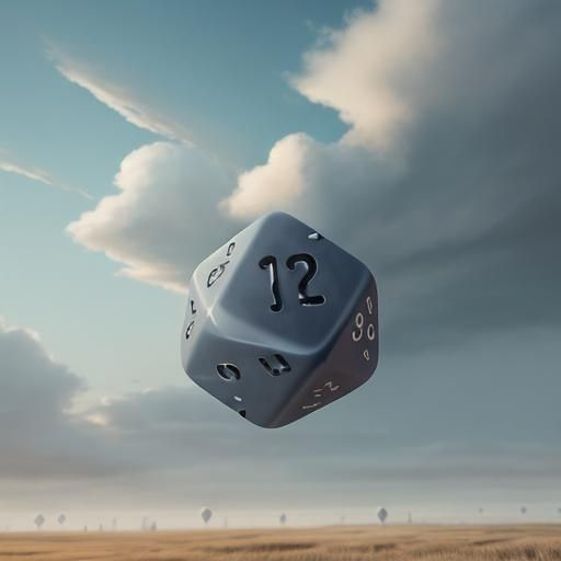 A big ghostly hand rolling dice in the sky above a windswept...