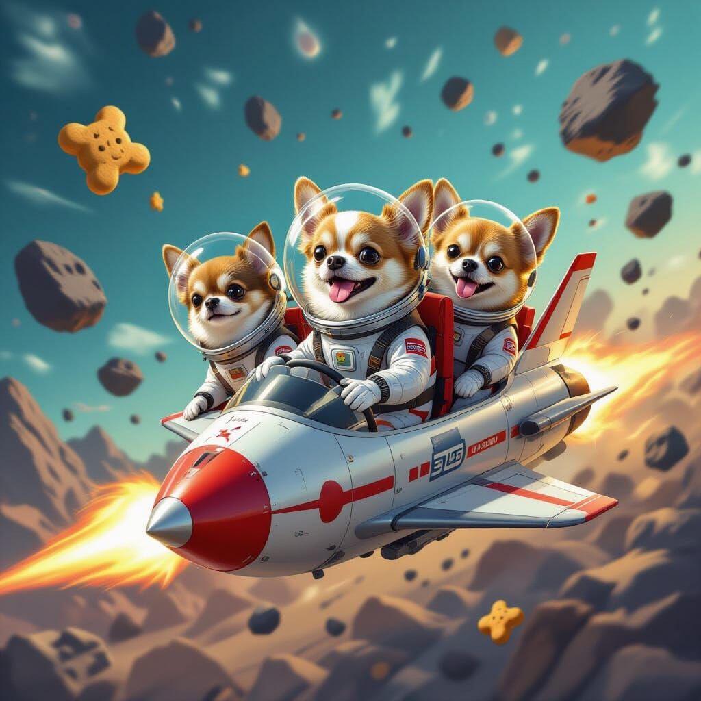 Chihuahua Astronauts Pilot Rocket Through Asteroid Field