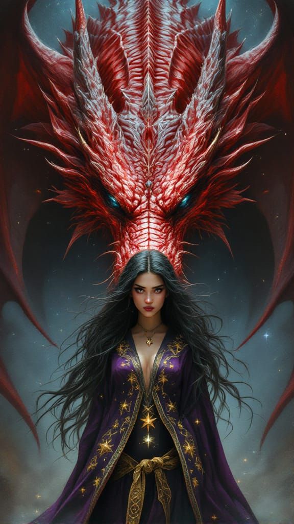 Fiery Red Dragon Confronts Sorceress in Fantasy Art