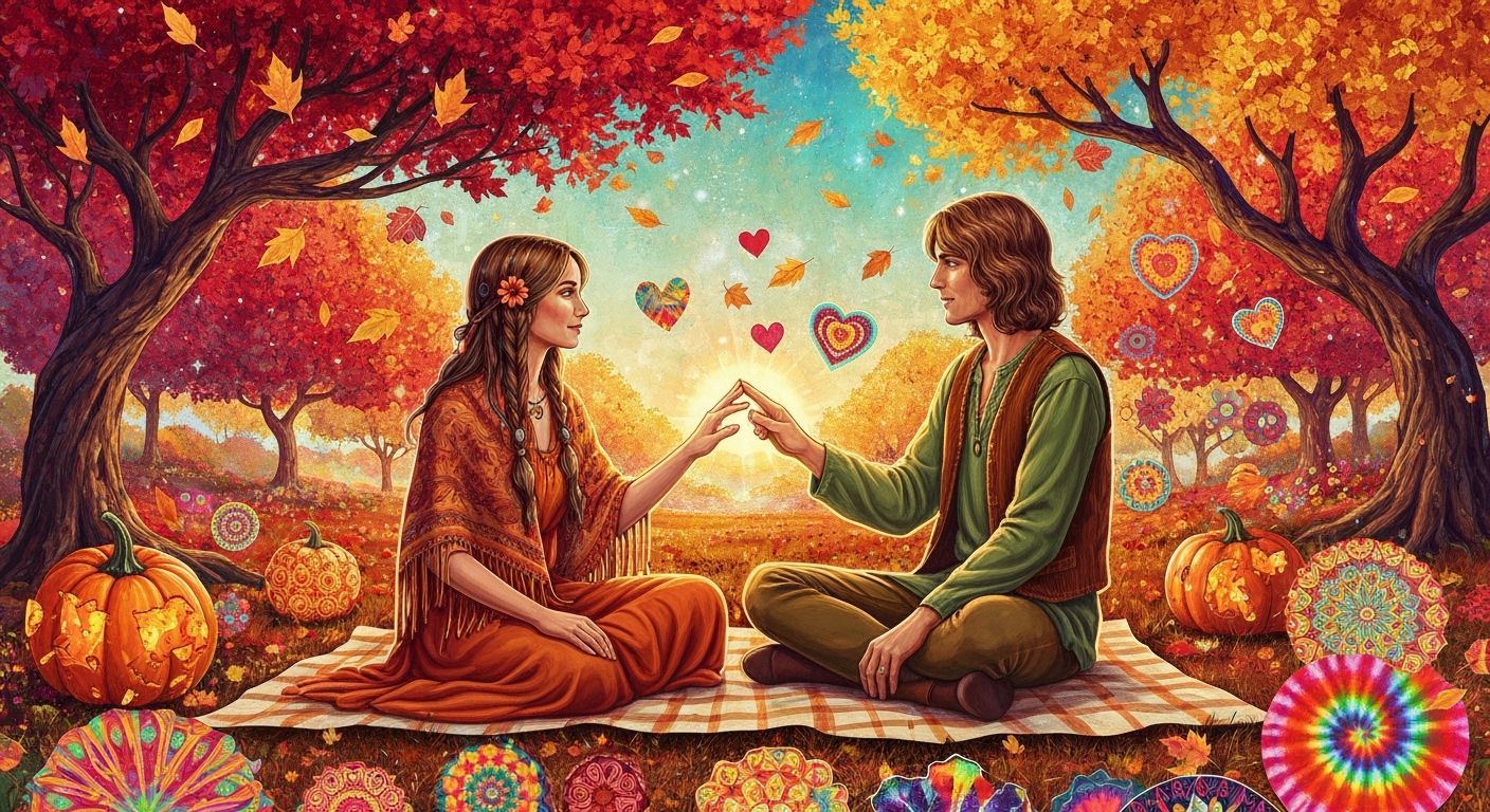 Psychedelic Hippie Date in Autumn Landscape