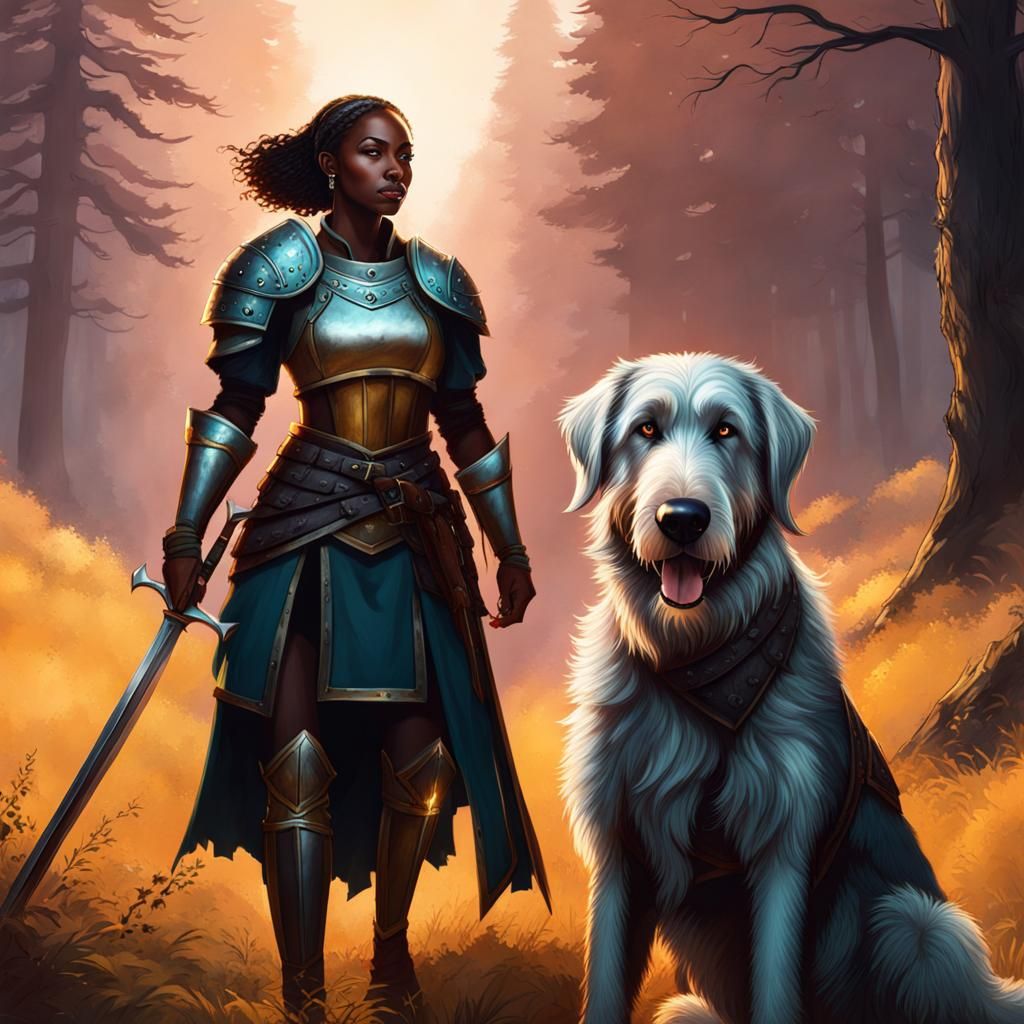 Ebony Lady Warrior with Wolfhound: Fantasy Art
