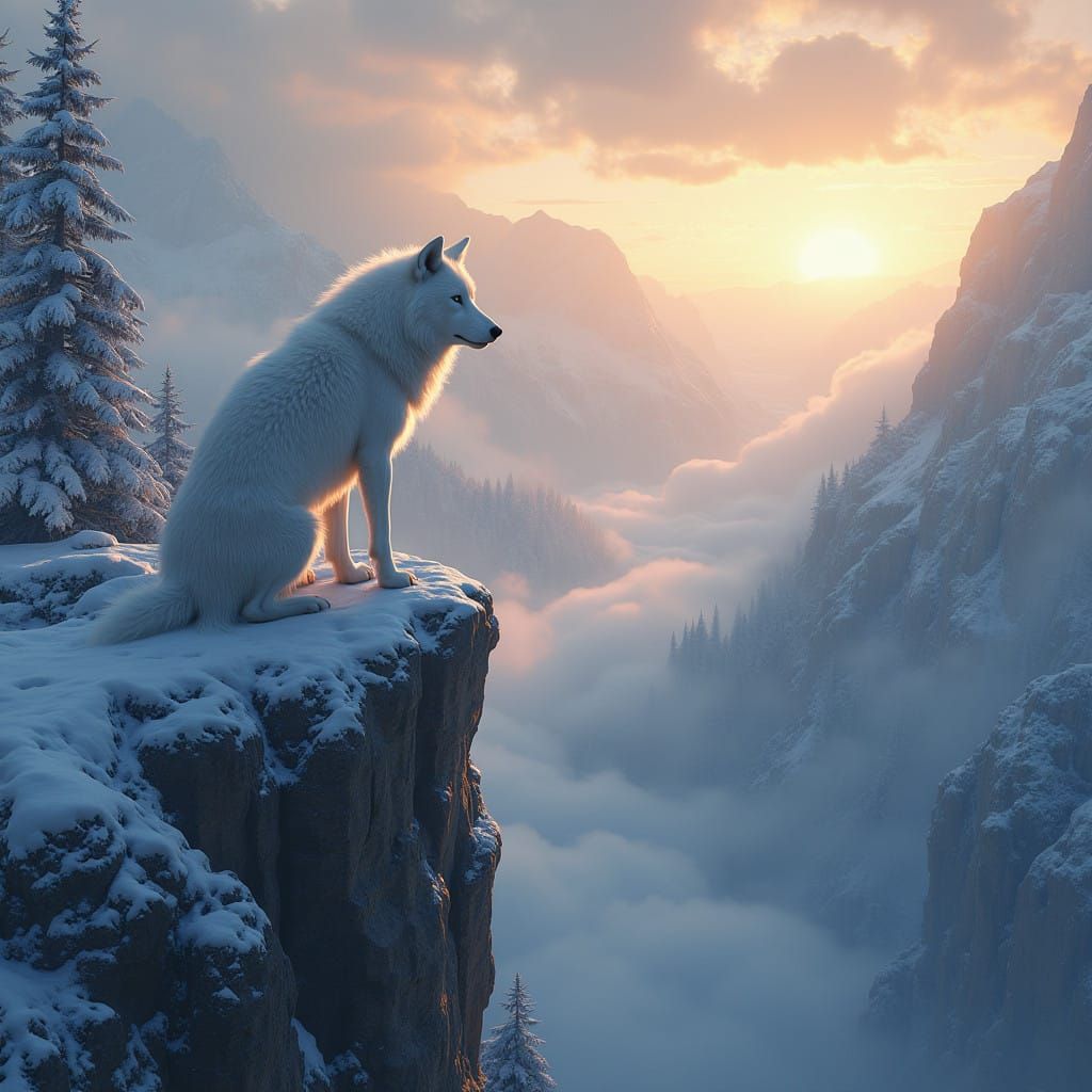 Majestic White Wolf on Snowy Cliff, Winter Valley Landscape