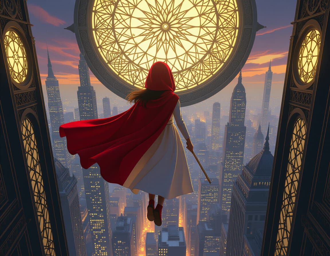 Girl with Red Cape Floats Above City