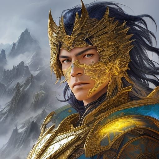 Warrior with Glowing Tattoos on Mountain in Dramatic Light