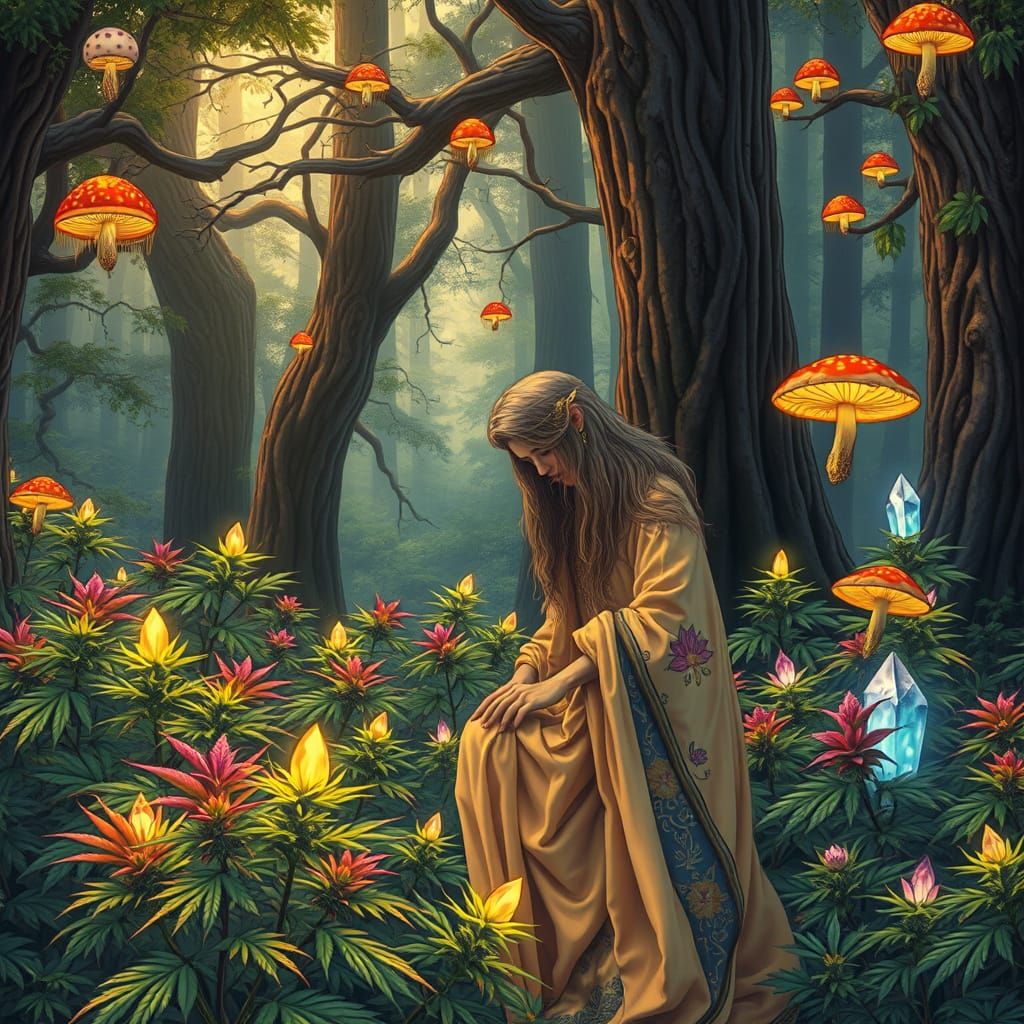 Mystical Figure Tending Rainbow Marijuana Plants