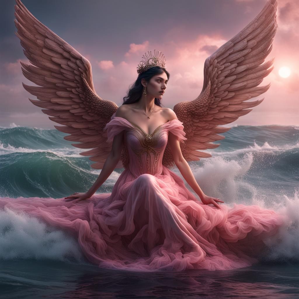 Undine Woman with Cosmos Tiara on Ocean Waves