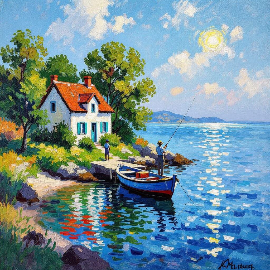 Vibrant Island Cottage Scene in Impressionist Style