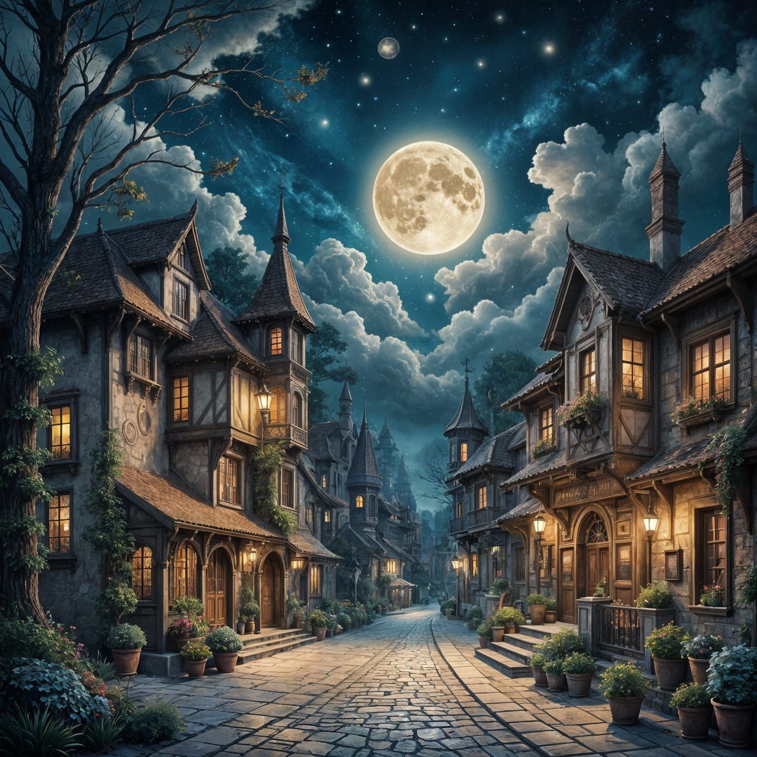 Majestic Moon Over Fantasy Town, Digital Illustration