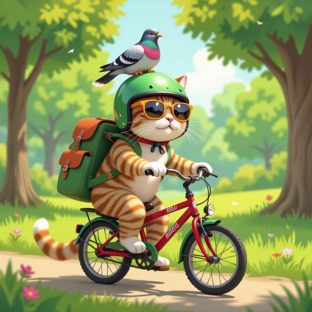 Cat Rides Bicycle with Pigeon, Whimsical Art