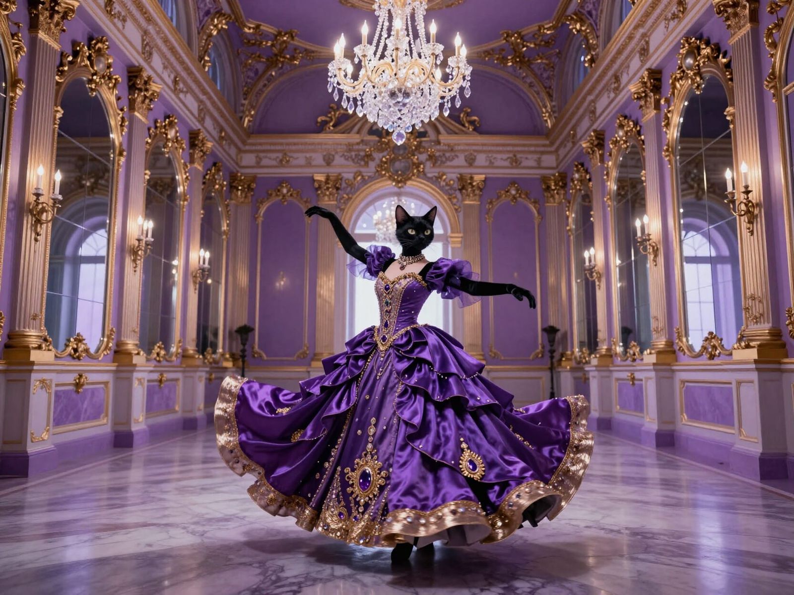 Black Cat Lady in Surreal Purple Ballroom
